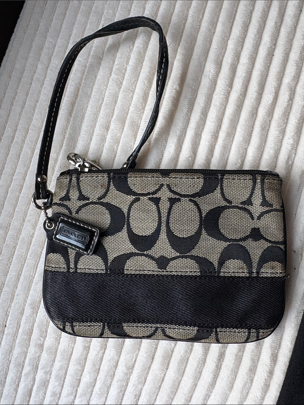 Coach Black and Beige Signature Canvas Wristlet